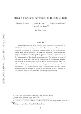 Kifuniko cha Waraka PDF - Uchambuzi wa Mchezo wa Uga wa Wastani wa Uchimbaji wa Bitcoin: Usawa, Usalama, na Mienendo ya Hashrate